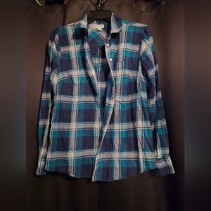 J.Crew Plaid Button Down Shirt | Blue Teal Cotton Flannel Top | Women’s M